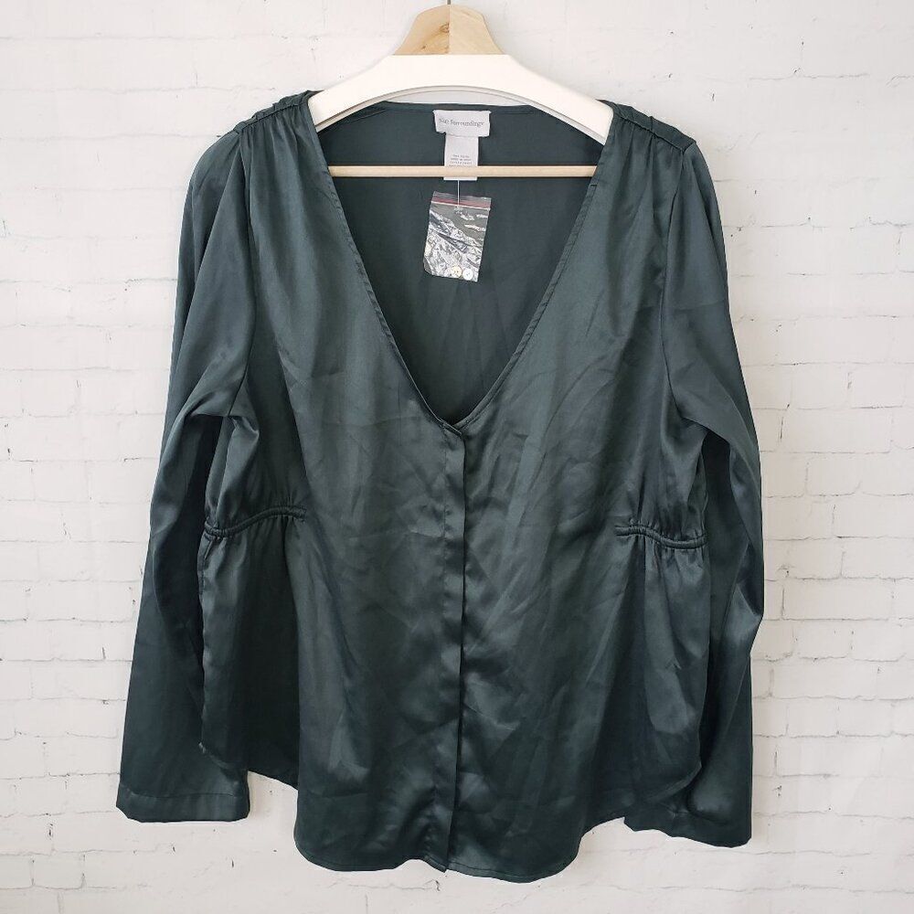 Soft Surroundings Satin Blouse Top Size L Deep V-Neck Forest Green Button Front